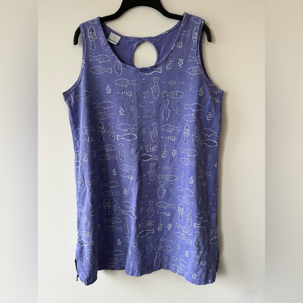 ✨5/$25 Vintage 90s On White Purple Cotton Fish Print Sleeveless Dress